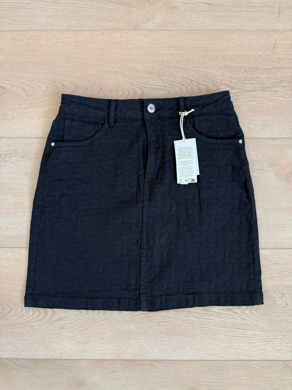 Guess Black Denim Skirt with Logo Pattern Embroidery Size 28